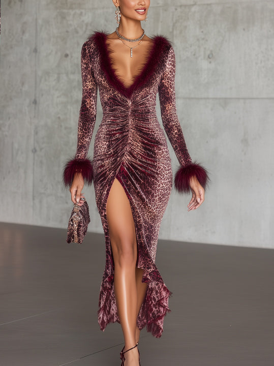Burgundy Leopard Velvet Ruched Midi Dress With Feather Trim