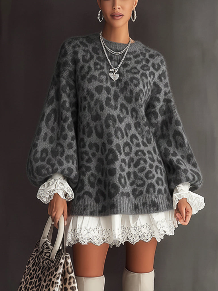 Gray Leopard Knit Long Sleeve Mini Dress With Lace Trim Hem