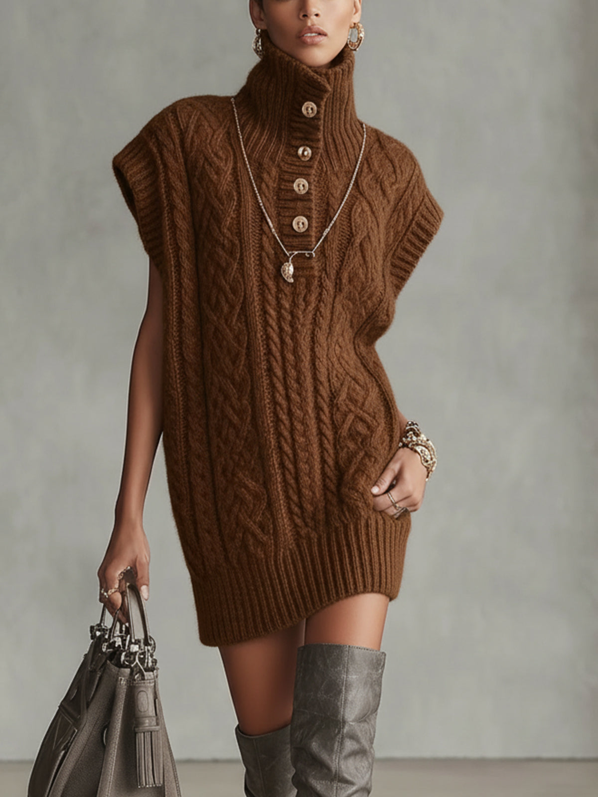 Brown Cable Knit Sleeveless Turtleneck Mini Sweater Dress