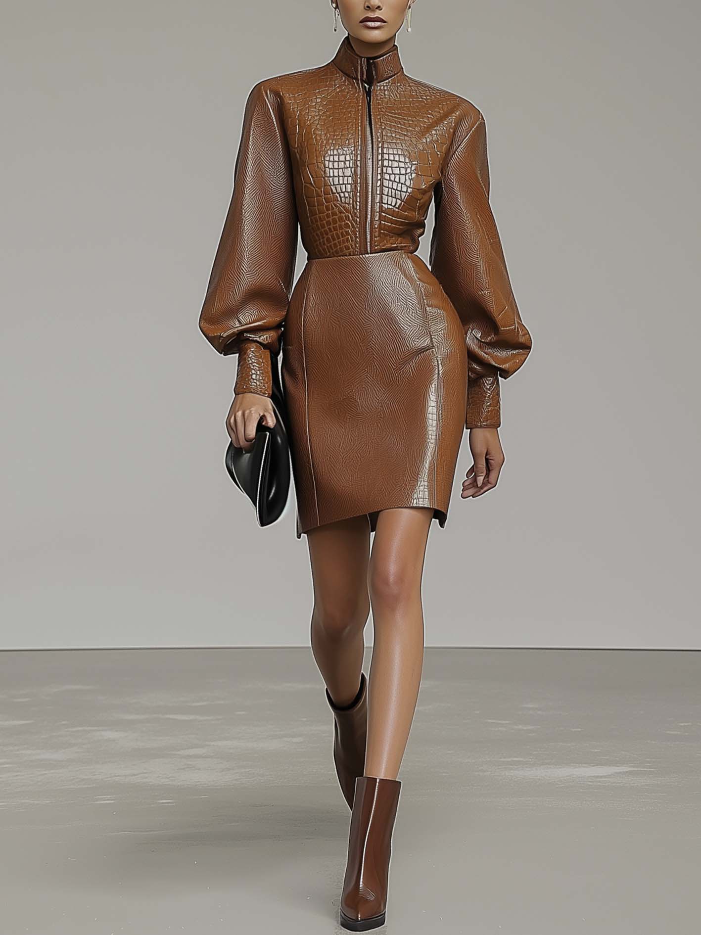 Textured Patchwork Brown Faux Leather Midi Bodycon Dress With Zipper