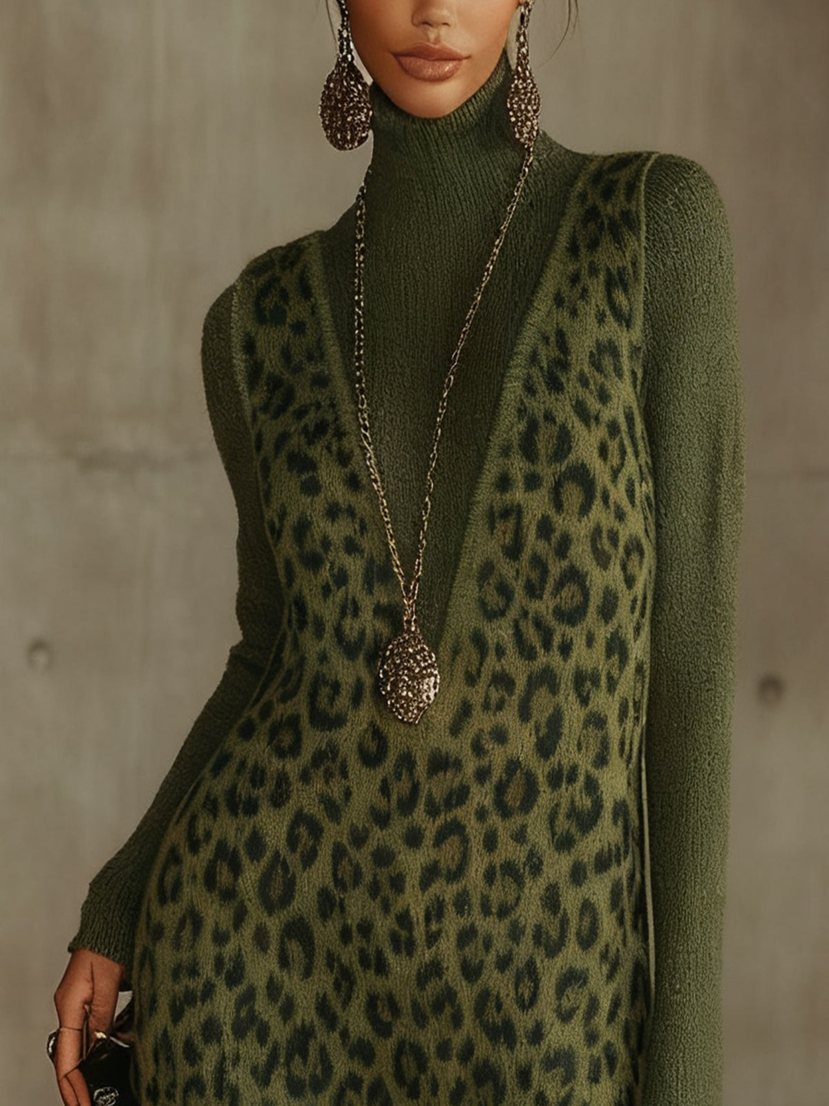 Green Leopard Print Knit Mini Dress With Sweater Set