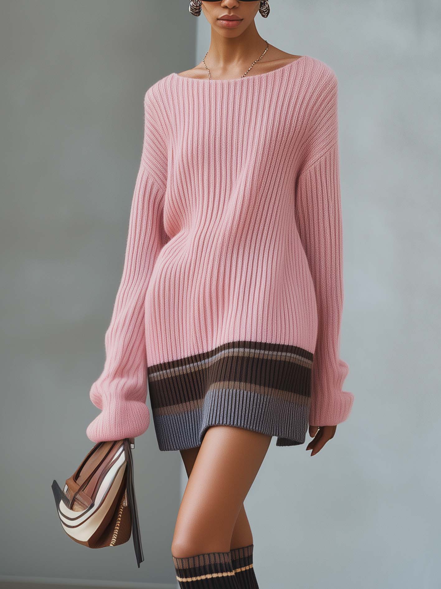 Pink Mini Dress With Gray And Brown Blocks