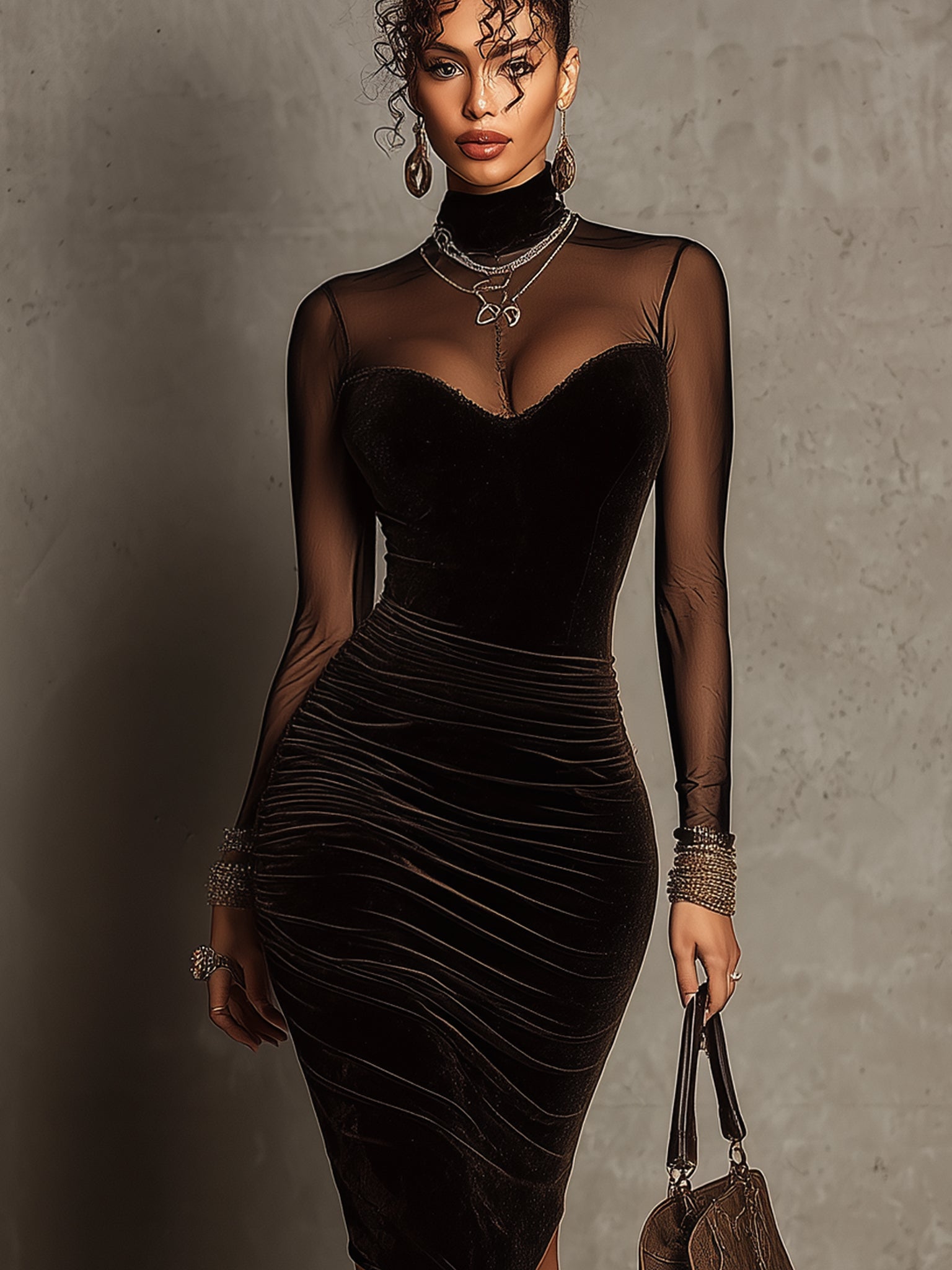 Dark Brown Velvet Mesh Sleeve Long Sleeve Bodycon Dress