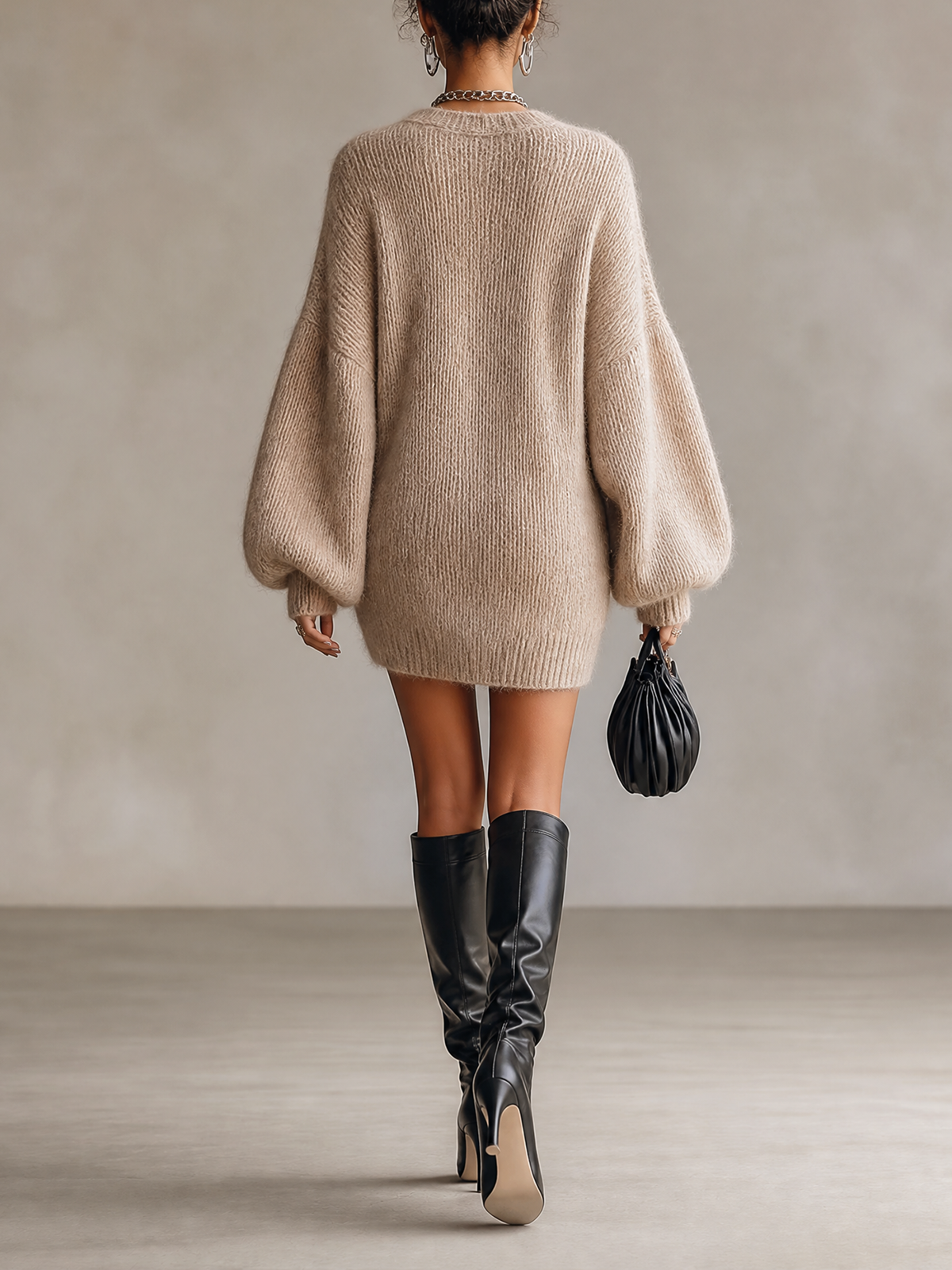 Oatmeal Henley Button Oversized Knit Mini Dress