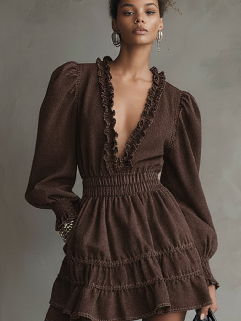 Chocolate Washed Cotton V-Neck Mini Dress With Long Sleeves