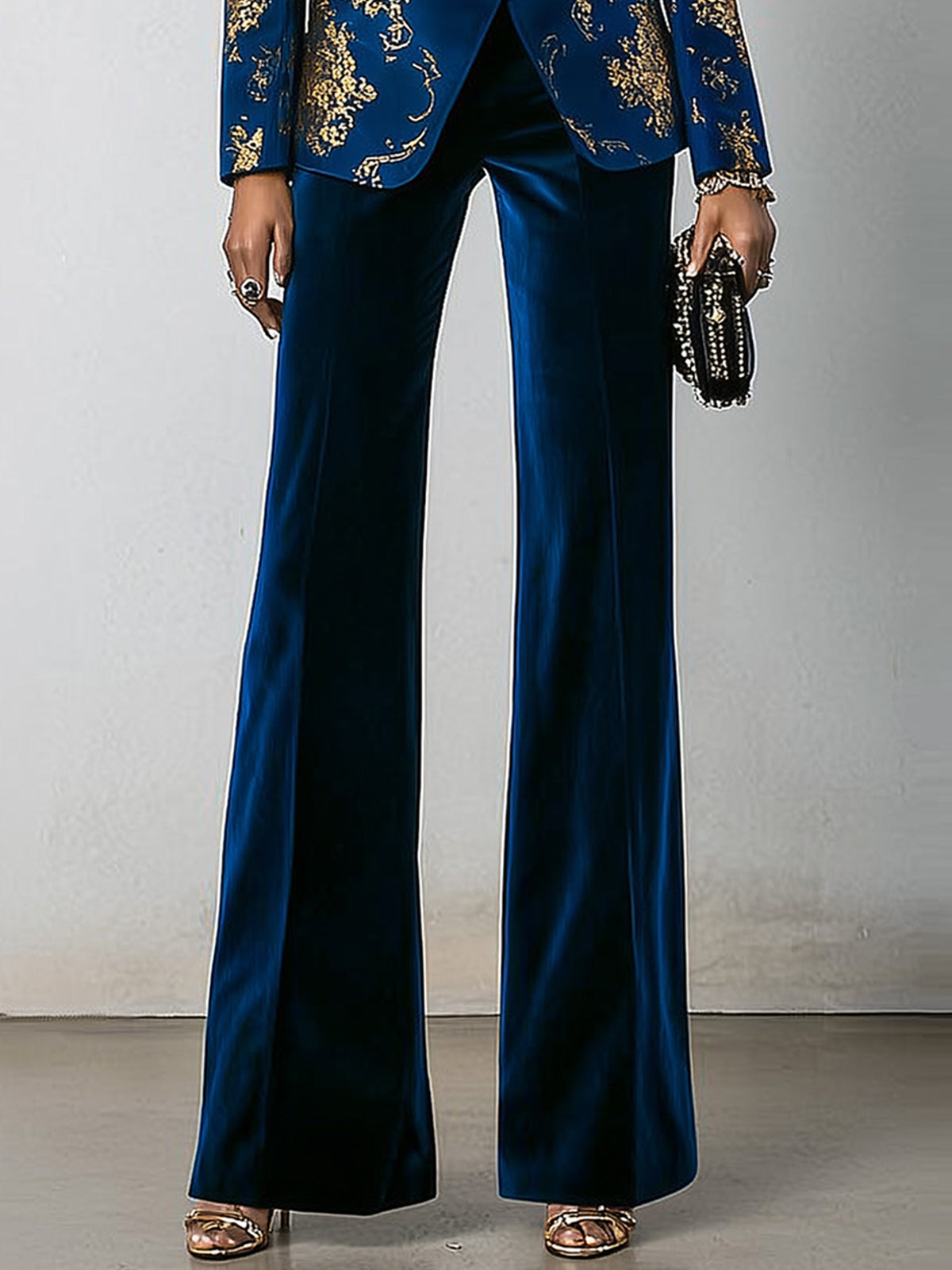 Royal Blue Velvet Printed Blazer And Flared Pants Suit