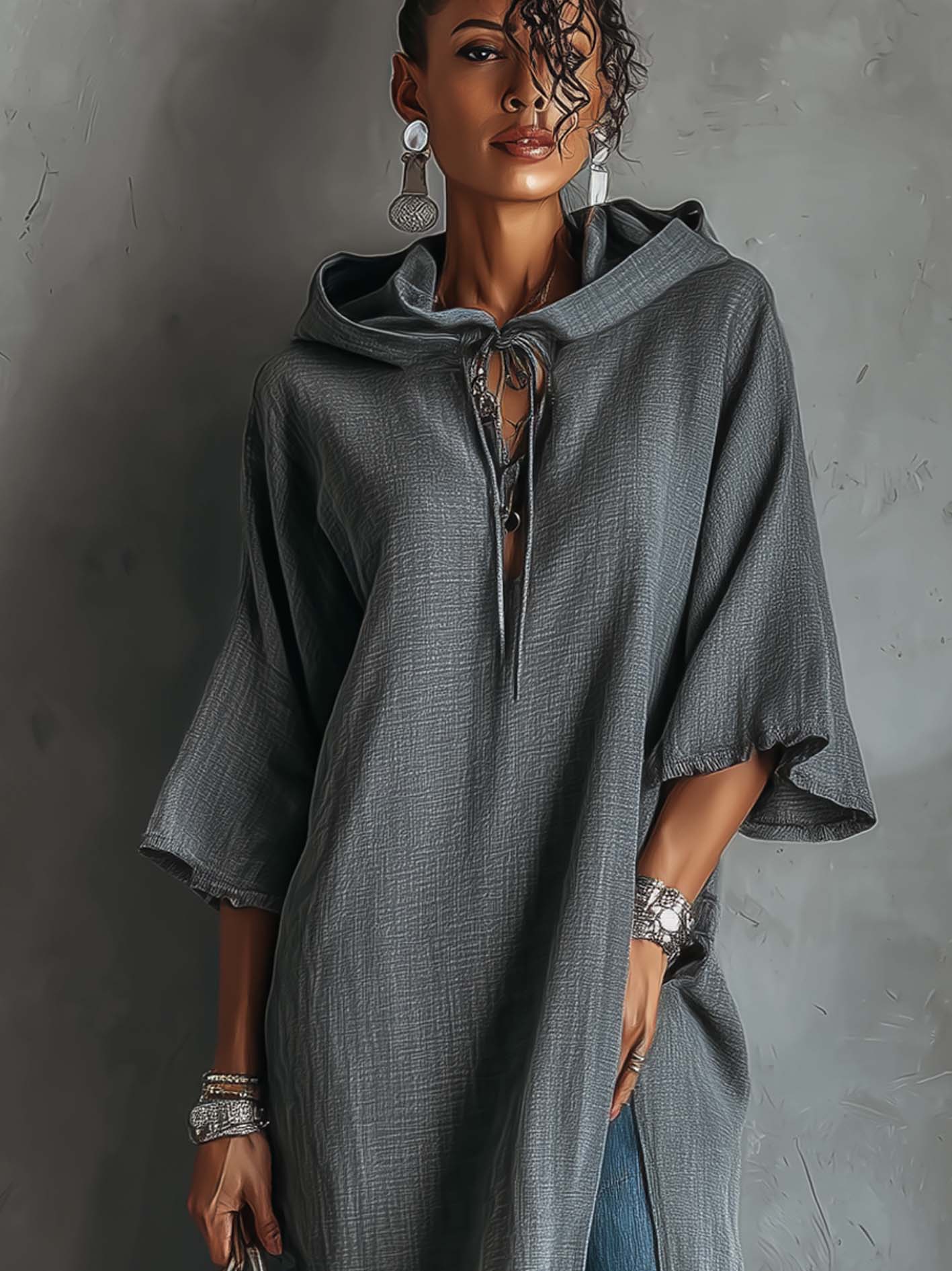 Gray Cotton Linen Hooded Maxi Dress With Side Slit