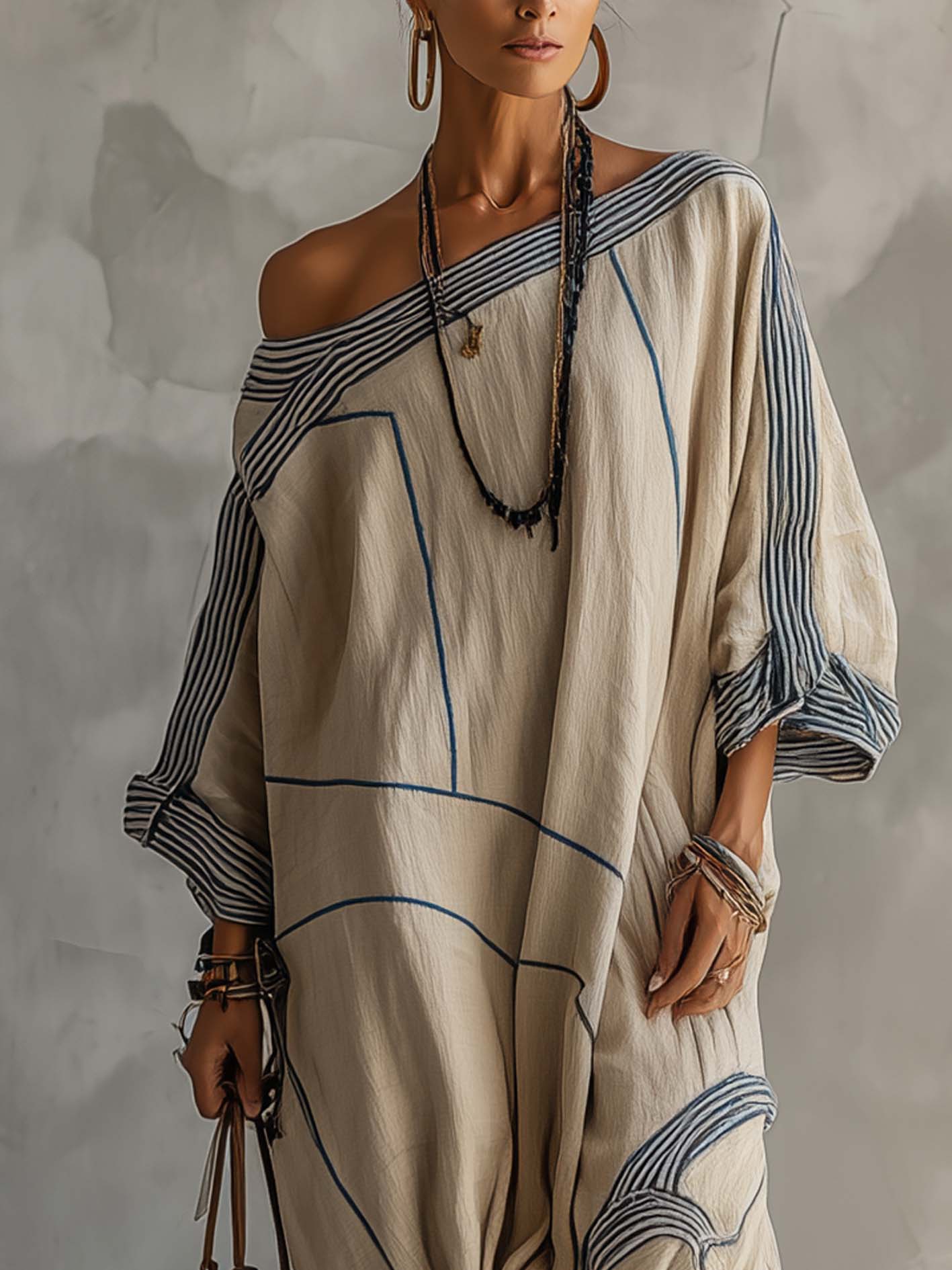 One Shoulder Oatmeal Blue Abstract Cotton Linen Maxi Dress