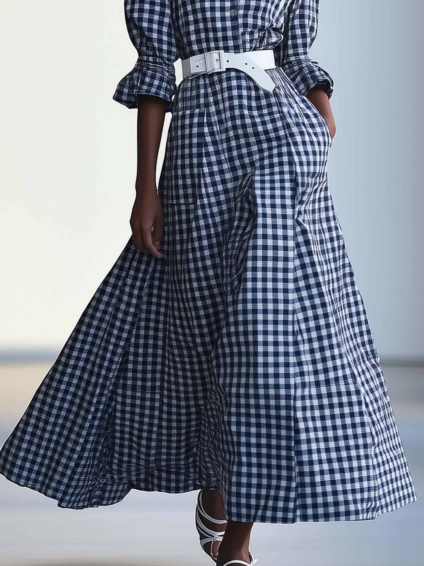 Dark Blue Checked Maxi Dress With Belt