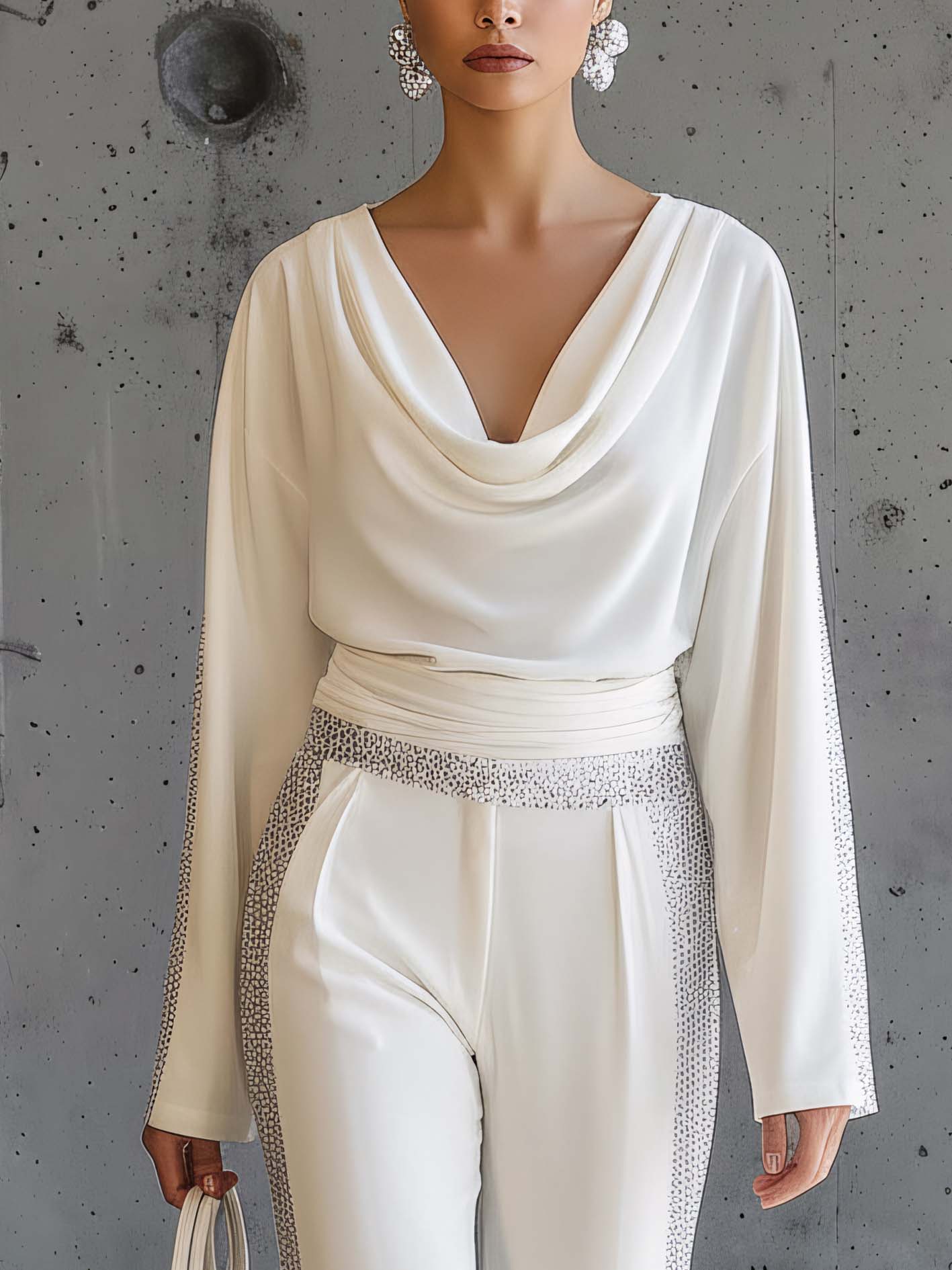 White Rhinestone Trim Cowl Neck Top And High Waist Pants Set