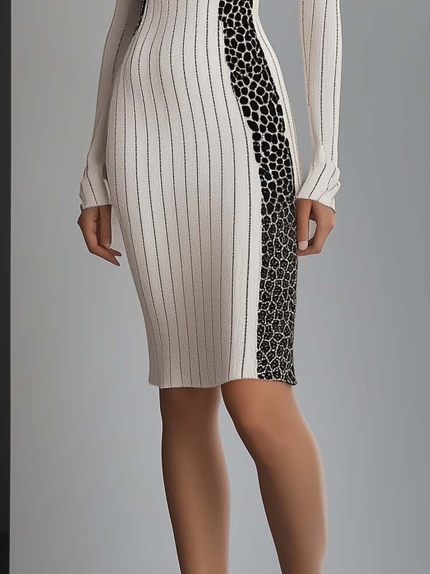 White Stretch Midi Bodycon Dress With Black Lines And Leopard Print