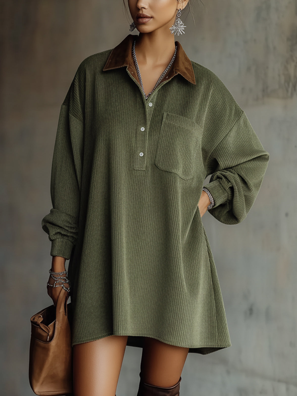Green Corduroy Mini Dress With Brown Collar Detail