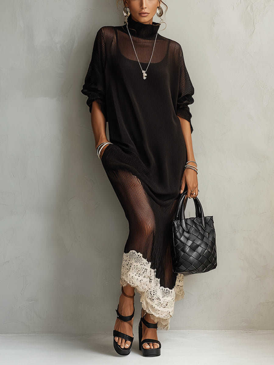 Black Sheer Knit Loose  Maxi Dress With Underlayer