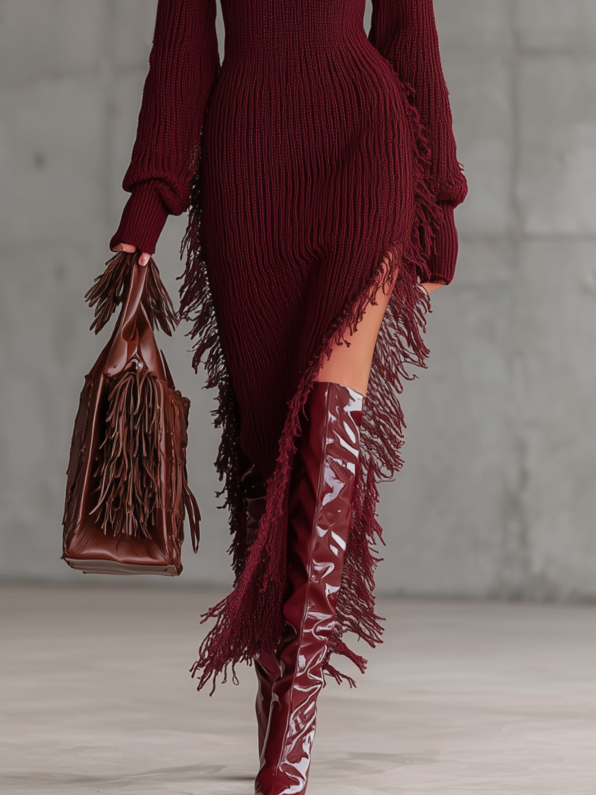 Wine Red Turtleneck Asymmetrical Fringe Knit Sweater Dress