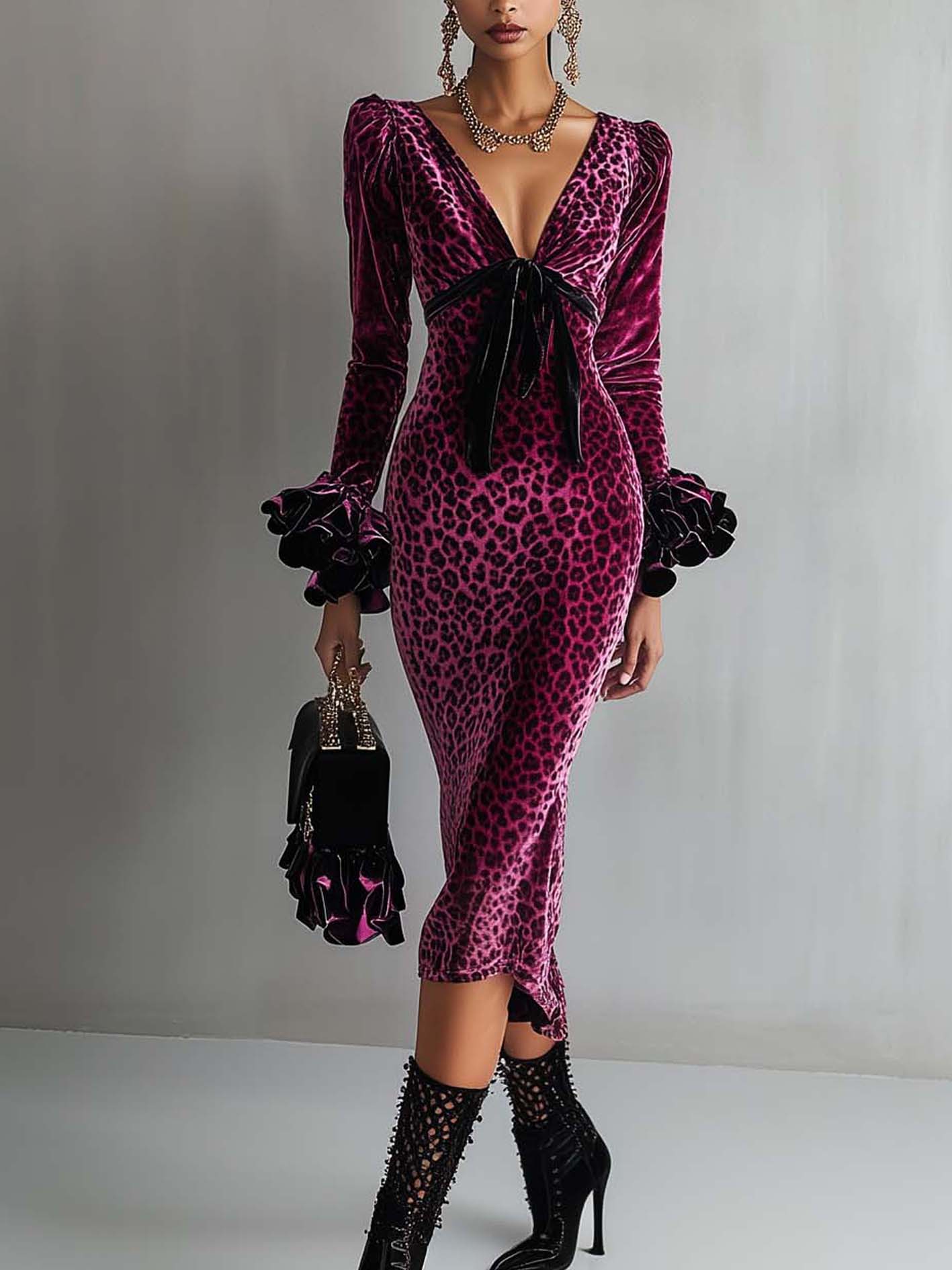 Pink Velvet Bodycon Dress With Leopard Print And Ruffles