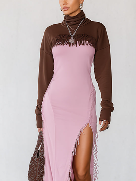 Pink And Mocha Two-Tone Fringe Trim High-Slit Maxi Dress