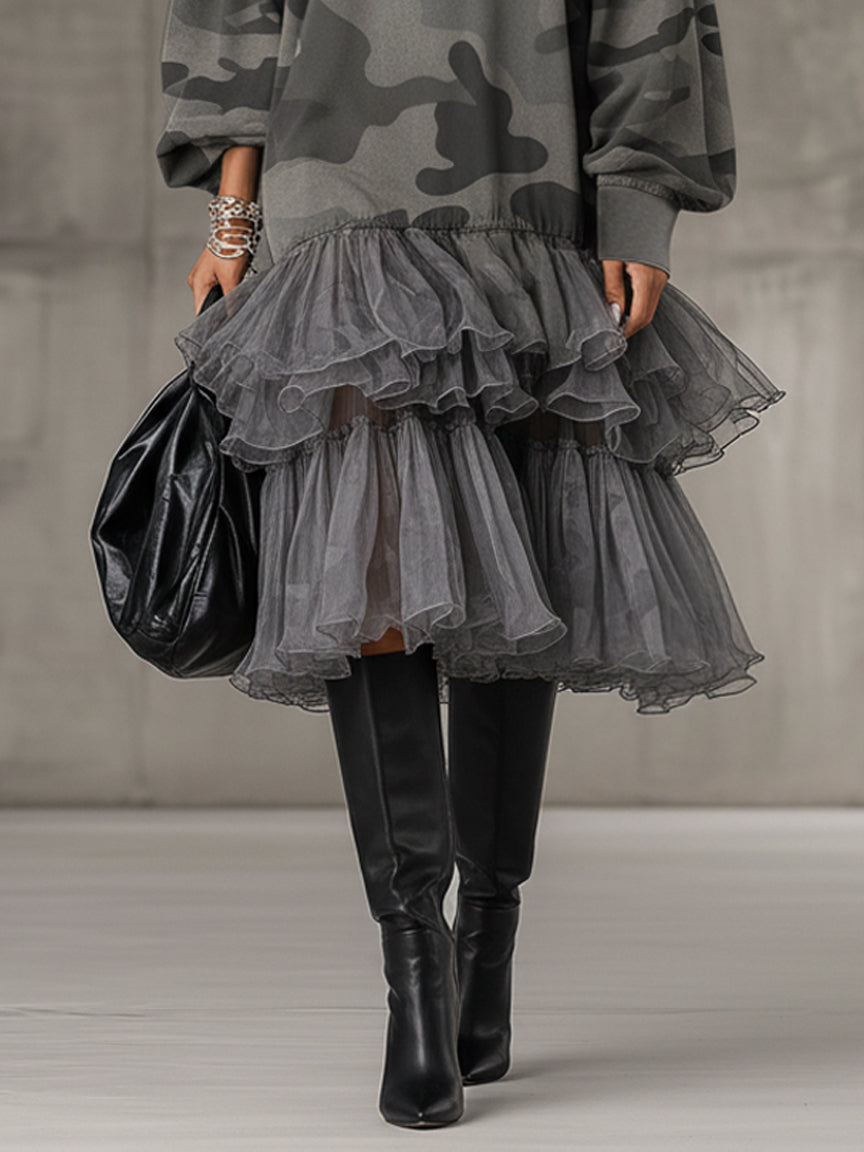 Gray Camouflage Fleece Layered Chiffon Long Sleeve Midi Dress