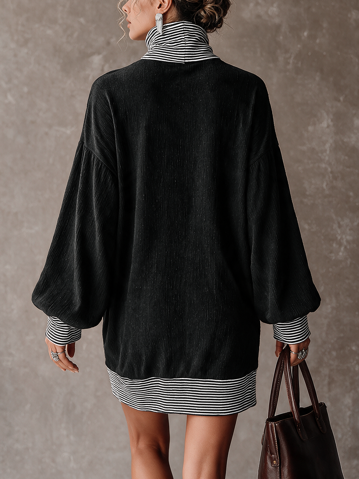 Black Striped Mock Neck Color‑Block Oversized Tunic Mini Dress