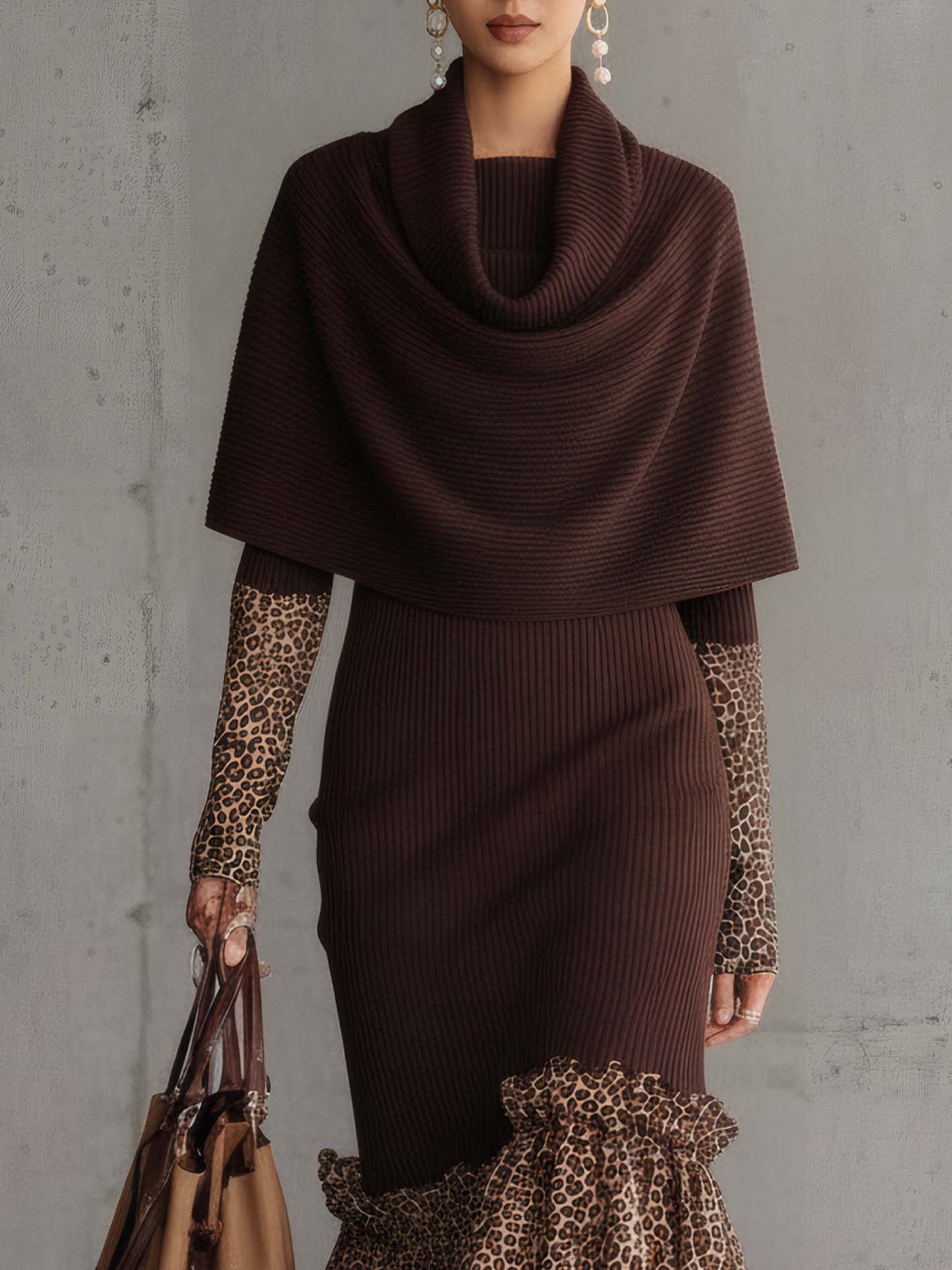 Chocolate Cape Bodycon Dress With Leopard Print