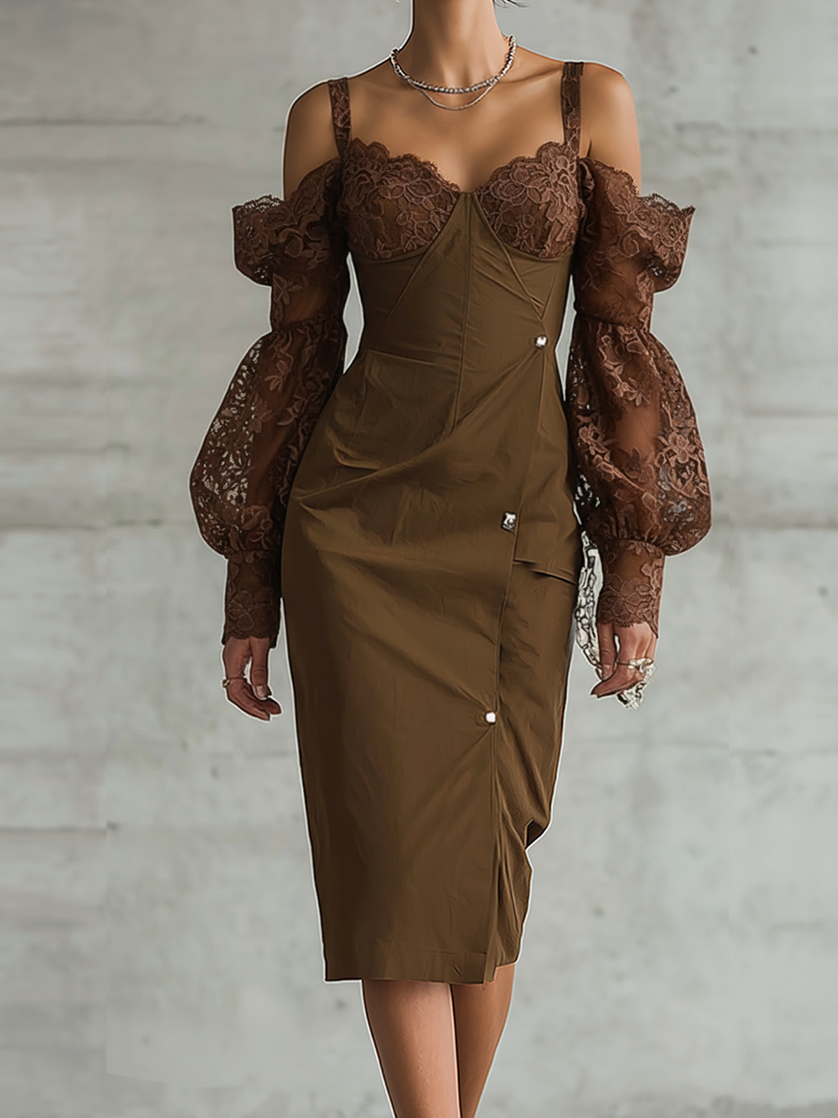 Brown Lace Off-Shoulder Puff Sleeve Midi Dress