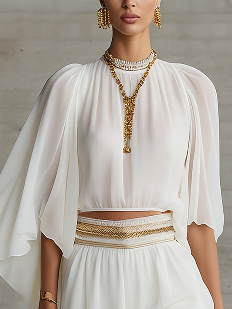 White Chiffon Cape Sleeve Shirt And Pant Set