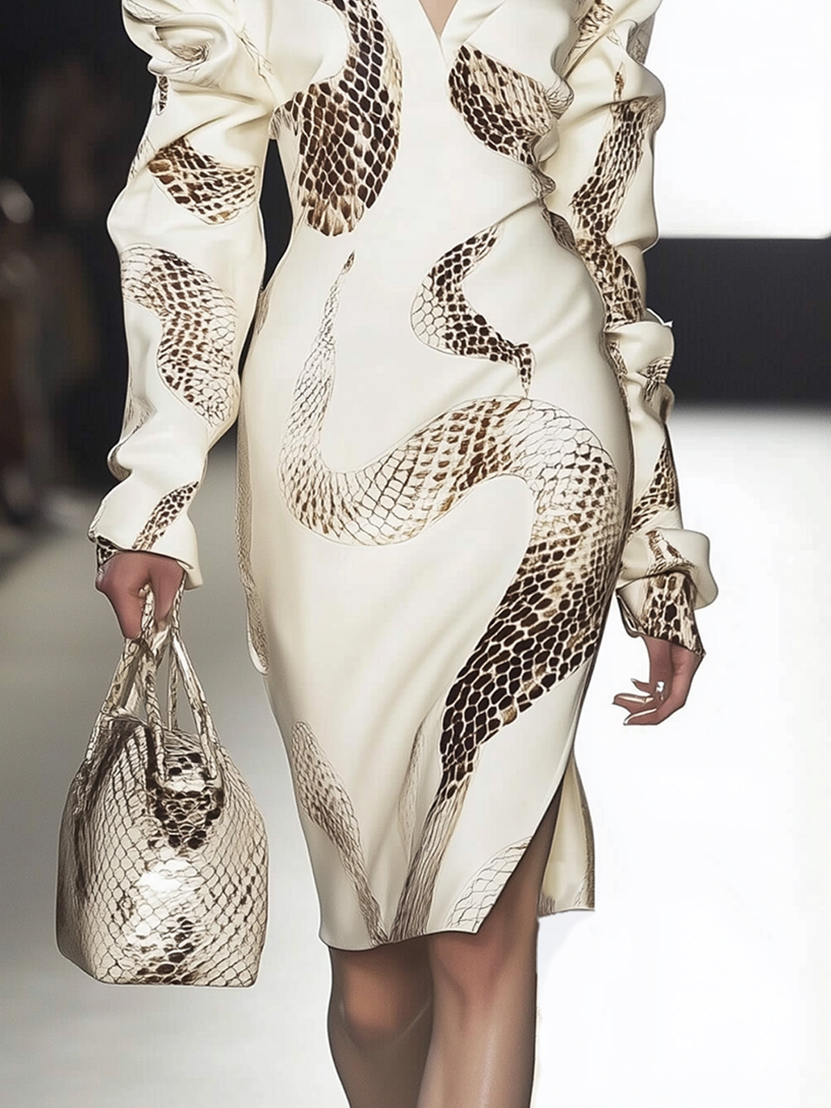 Cream Snake Print V-Neck Long Sleeve Midi Dress