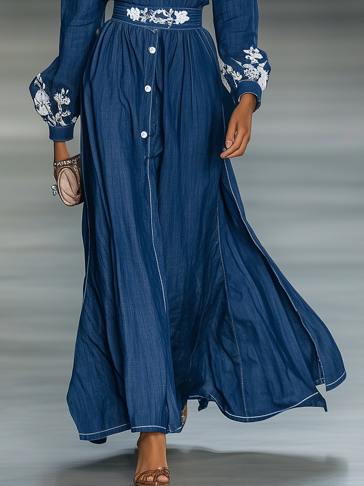 Navy Denim Embroidered Waist Detail Collared Long Sleeve Maxi Dress