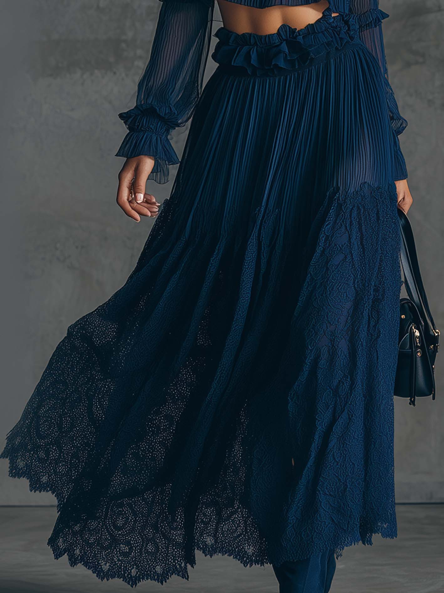 Navy Pleated Chiffon Lace Patchwork Off Shoulder Crop Top And Midi Skirt Set