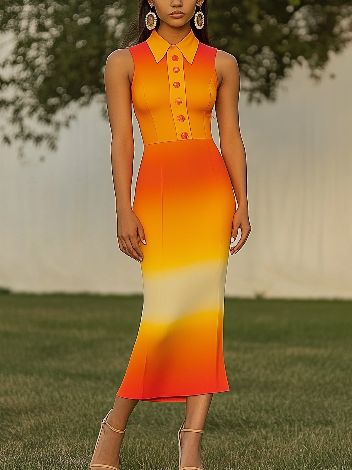 Trendy Ombre Collared Midi Bodycon Dress