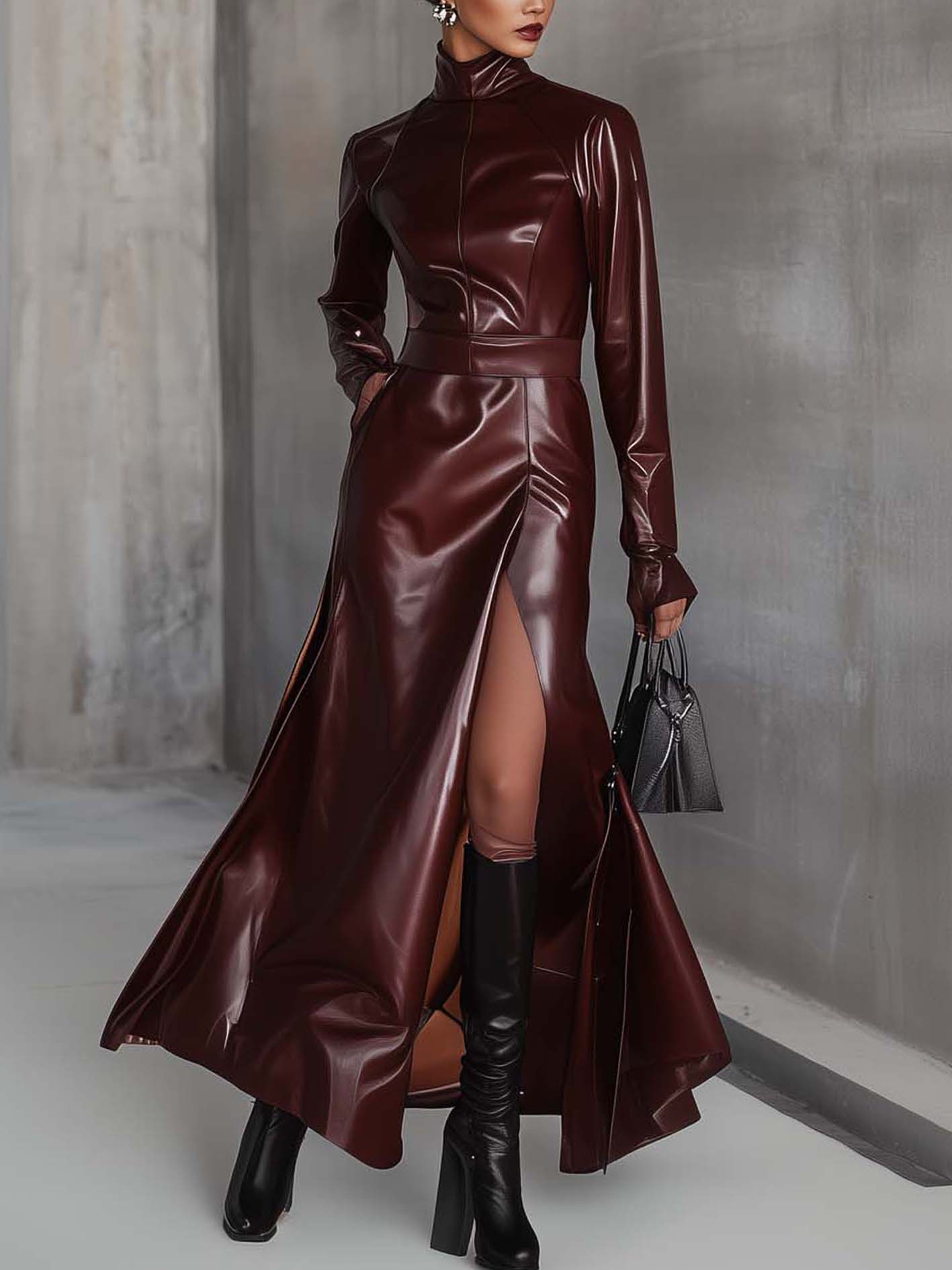 Burgundy Faux Leather Maxi Dress With High Collar And Side Slits