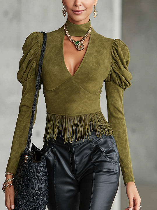 Olive Green Faux Suede Fringe Top With Puff Sleeves