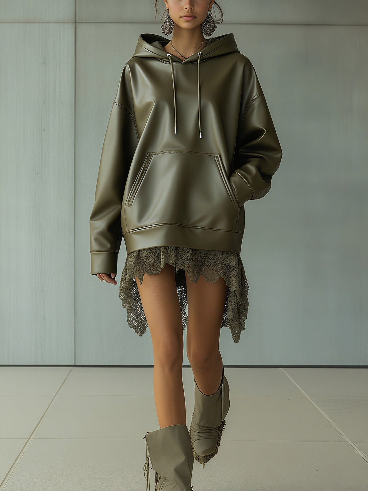 Green Faux Leather Hoodie Dress Lace Ruffle Hem