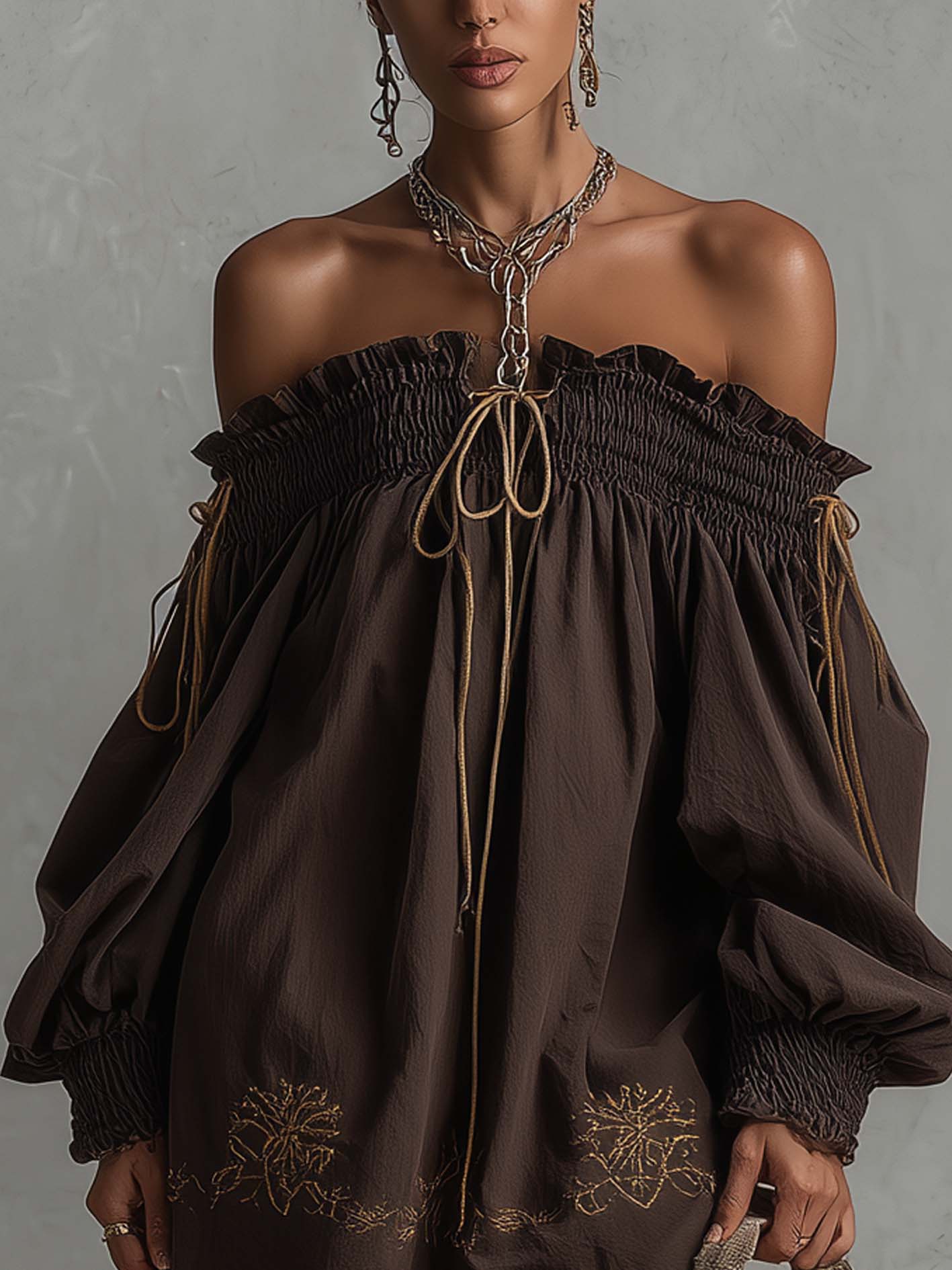 Dark Brown Cotton-Linen Off Shoulder Mini Dress With Vintage Embroidered Hem