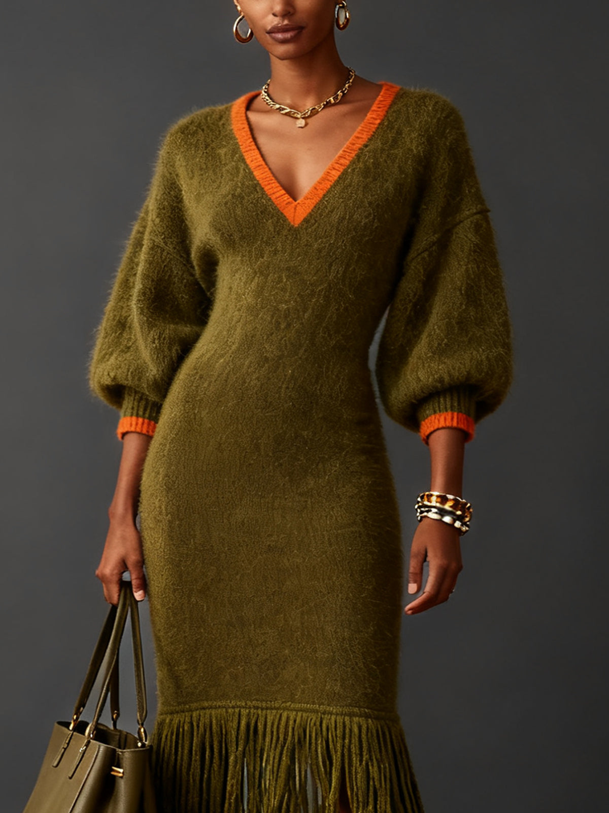 Olive Fuzzy Knit Midi Dress With Orange Trim And Fringe Hem