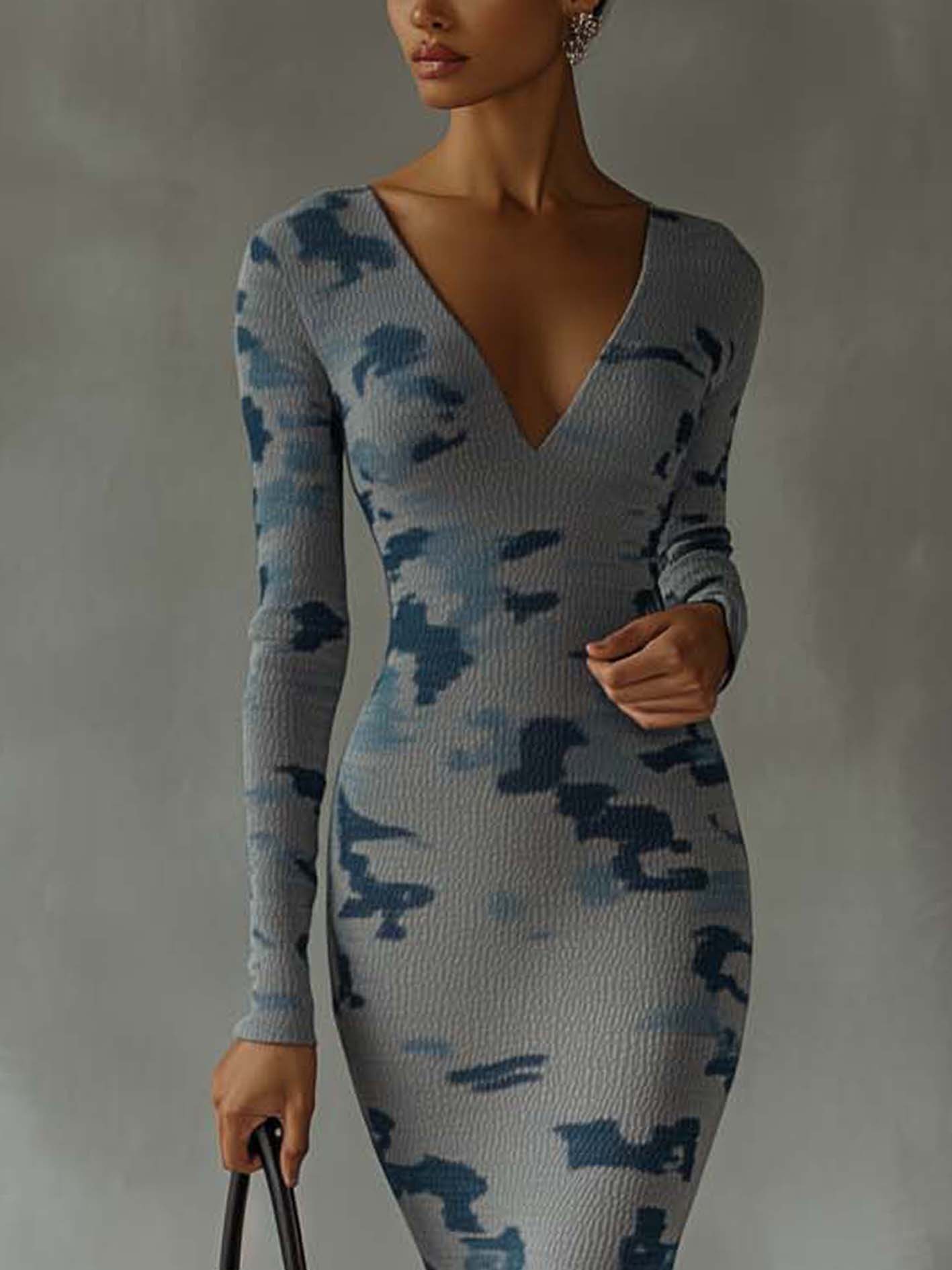 Gray Knitted Midi Bodycon Dress With Blue Camouflage Pattern And Tassels