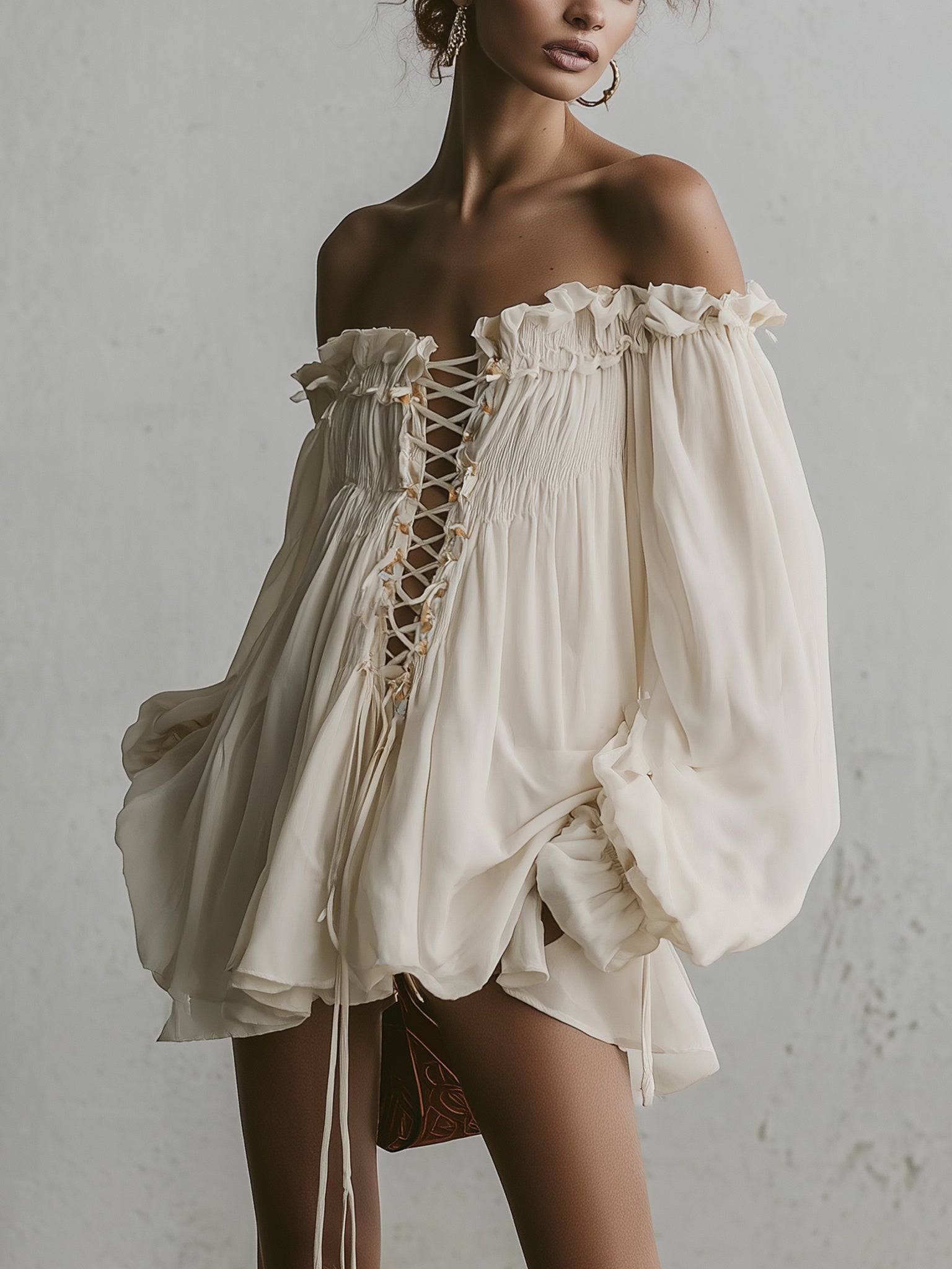 White Lace Up Chiffon Off Shoulder Mini Dress