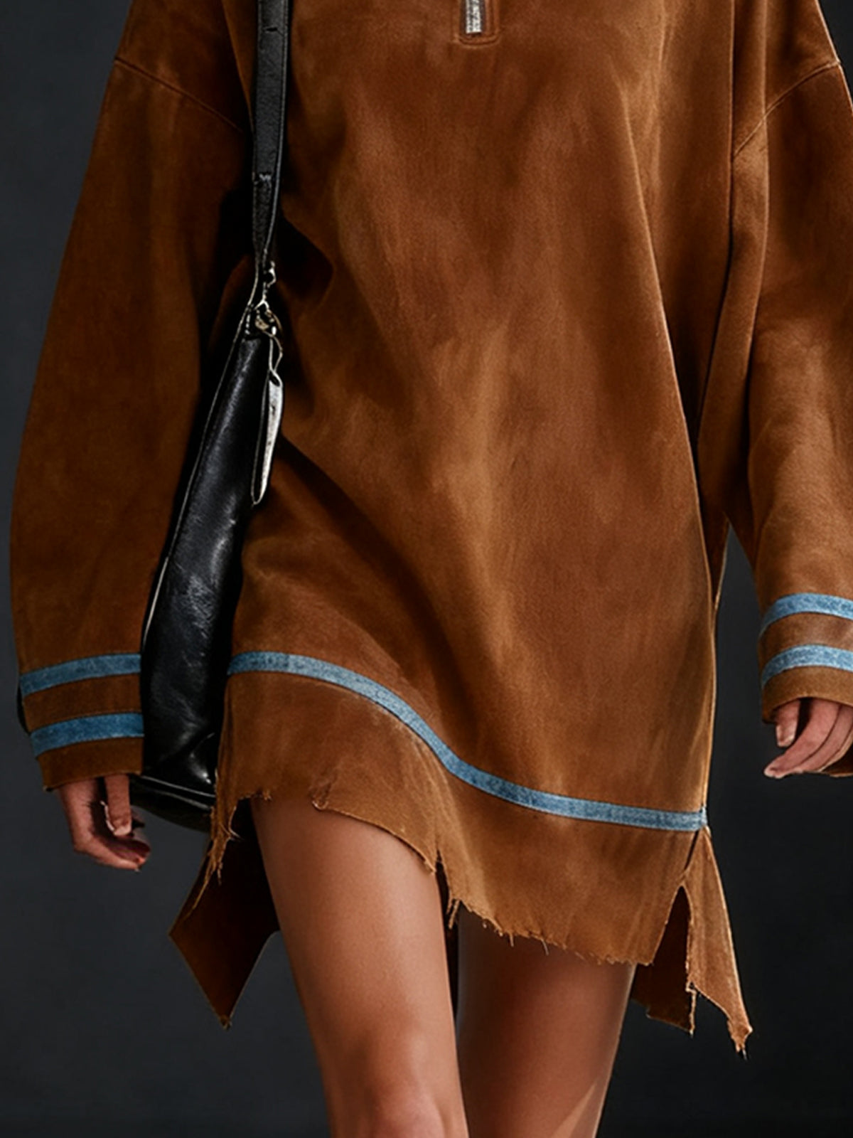 Brown Faux Suede High-Neck Frayed Hem Oversized Mini Dress