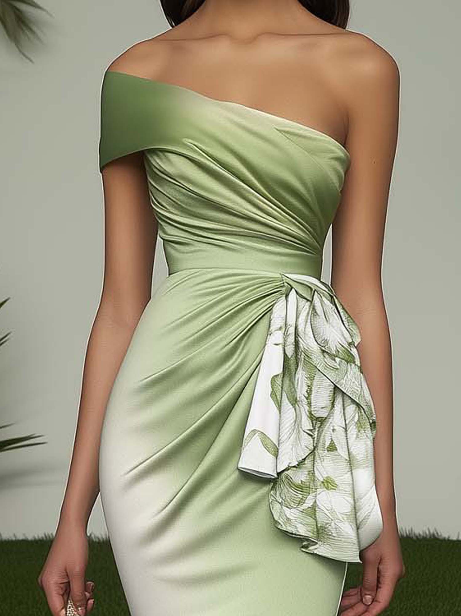 One Shoulder Midi Bodycon Dress With Green Gradient Print And Ruffles