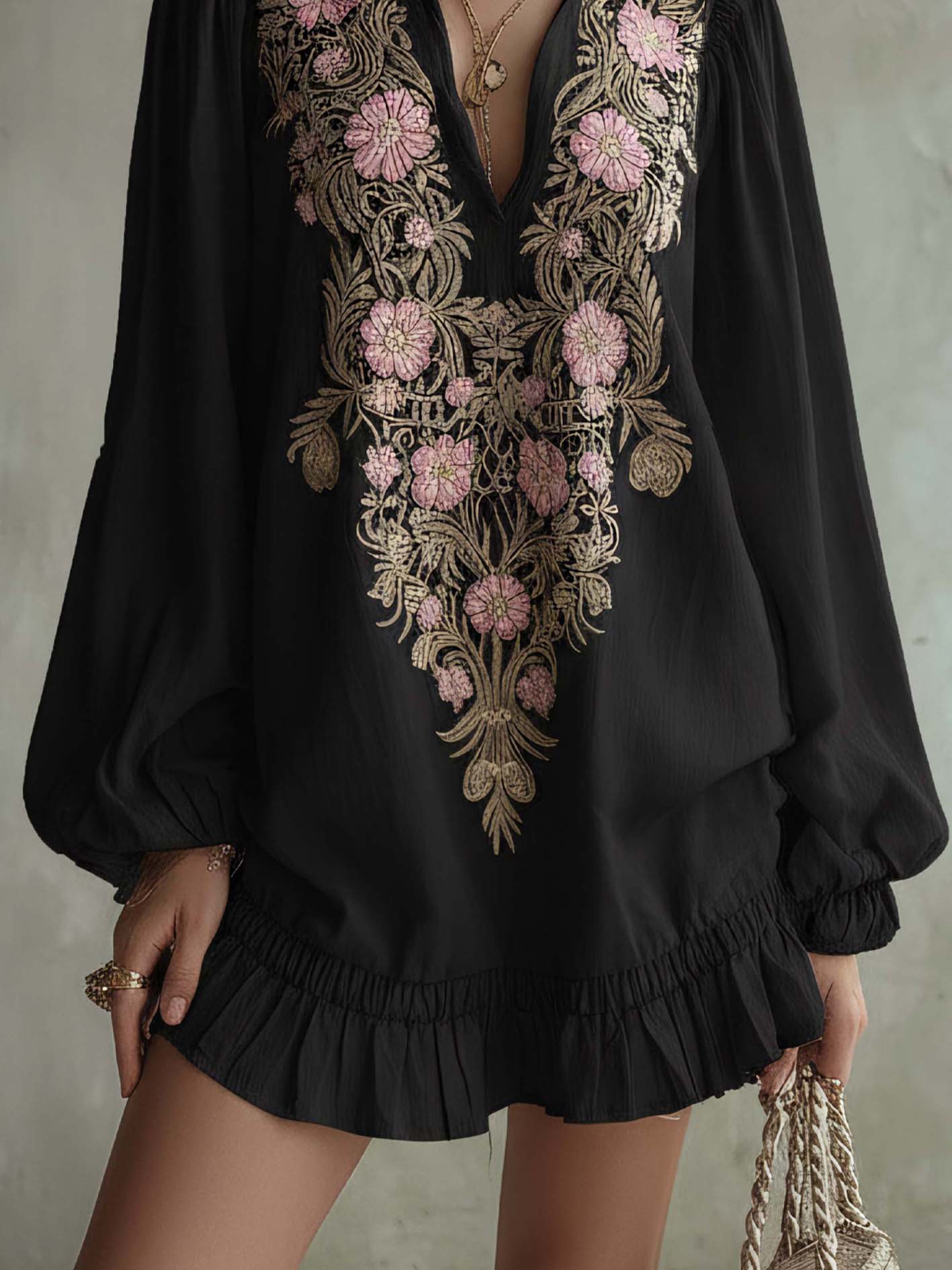 Black Cotton-Linen Embroidered Floral Ruffle Mini Dress