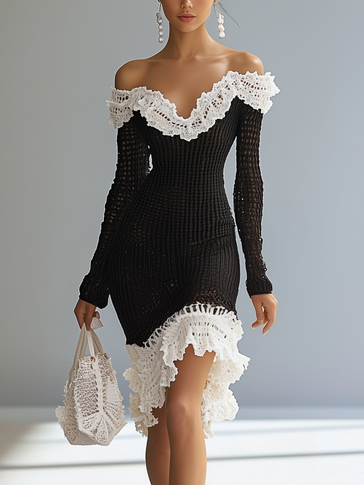 Black Knit Dress With Off-Shoulder Ruffle Trim