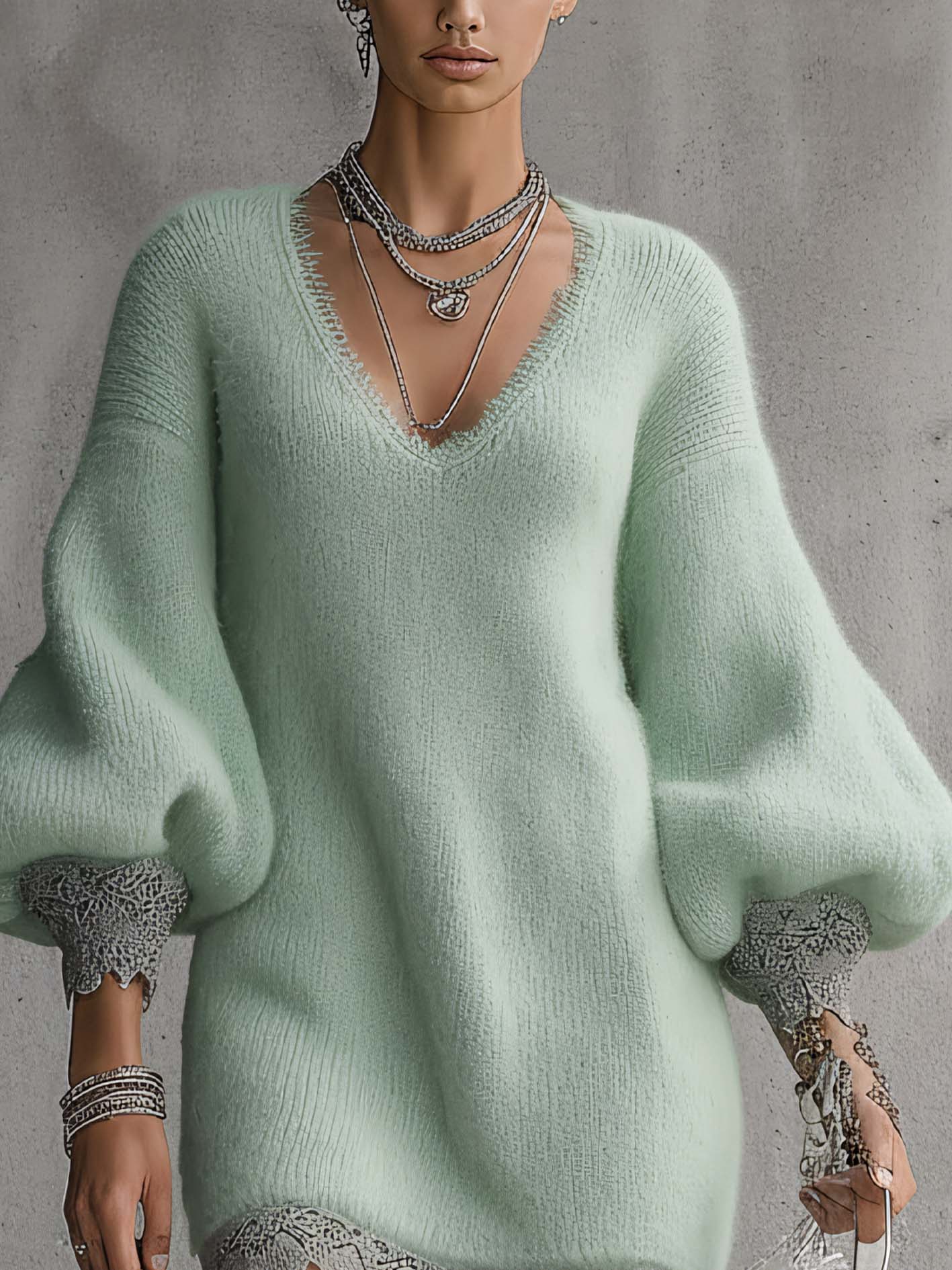 Mint Green Mohair Knit Mini Dress With Lace Trim