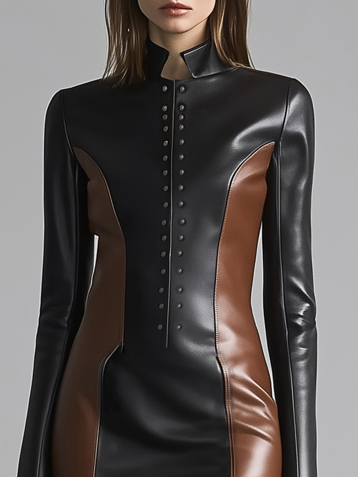 Faux Leather Mini Dress With Studded Front
