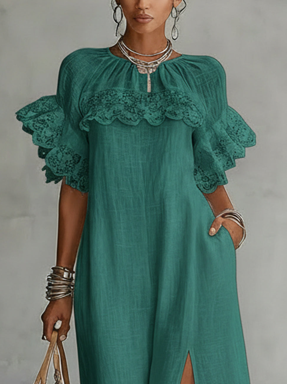 Green Ruffle-Lace Sleeve Maxi Dress With Front Slit