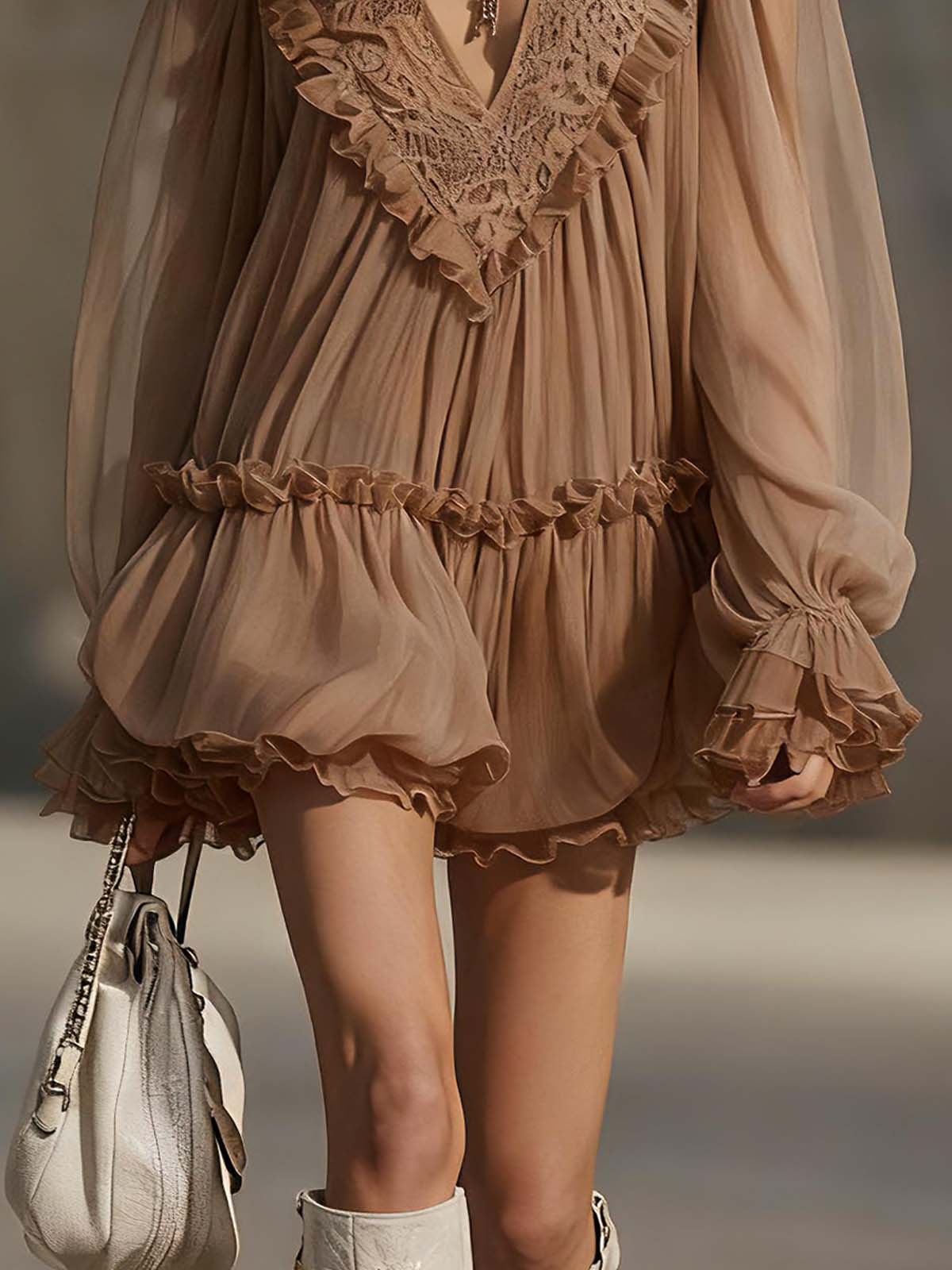 Brown Chiffon Patchwork Lace V-neck Ruffled Mini Dress