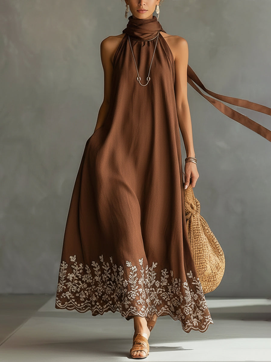 Brown Embroidered Linen Blend Sleeveless Satin High Neck Maxi Dress