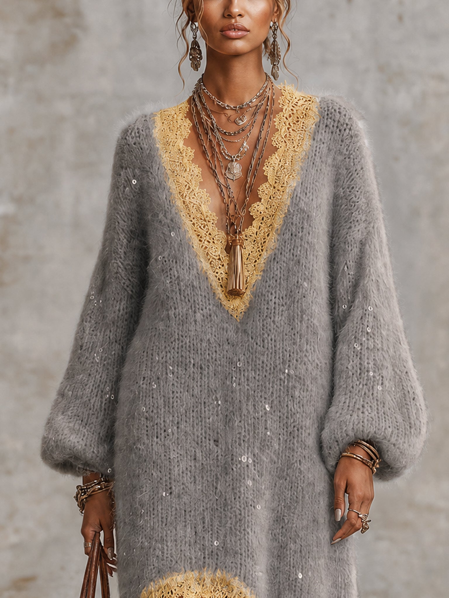 Gray Sequin Knit Midi Dress With Yellow Lace Trim