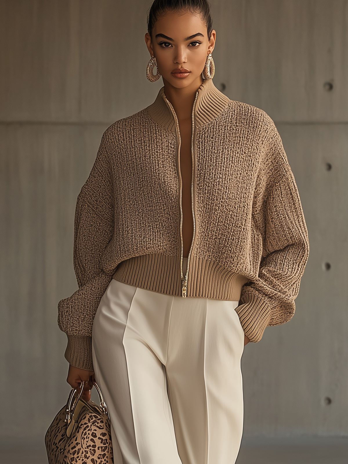 Beige Ribbed Zip-Up Knit Bomber Jacket