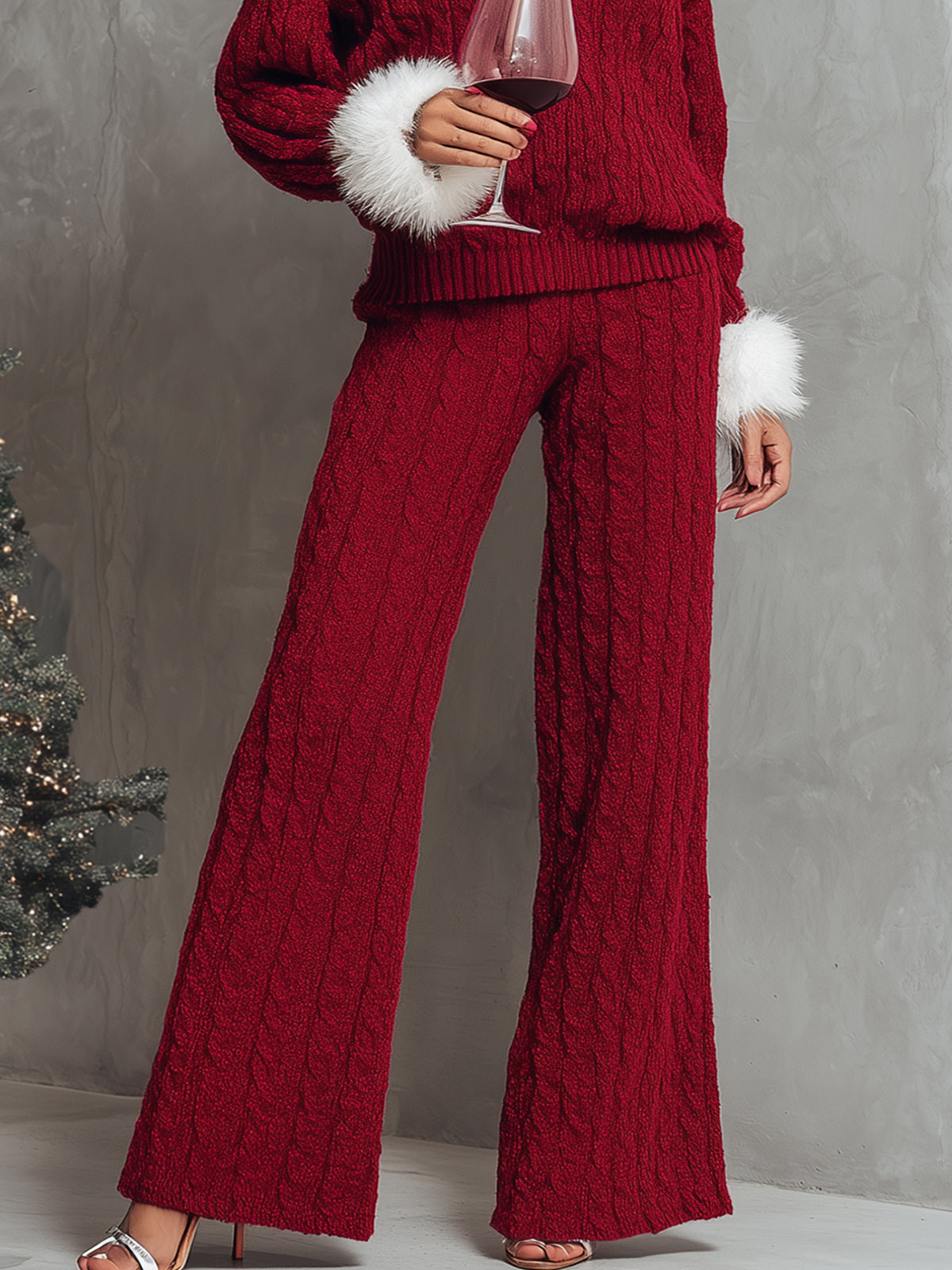 Red Cable-Knit Set With Faux Fur Trim