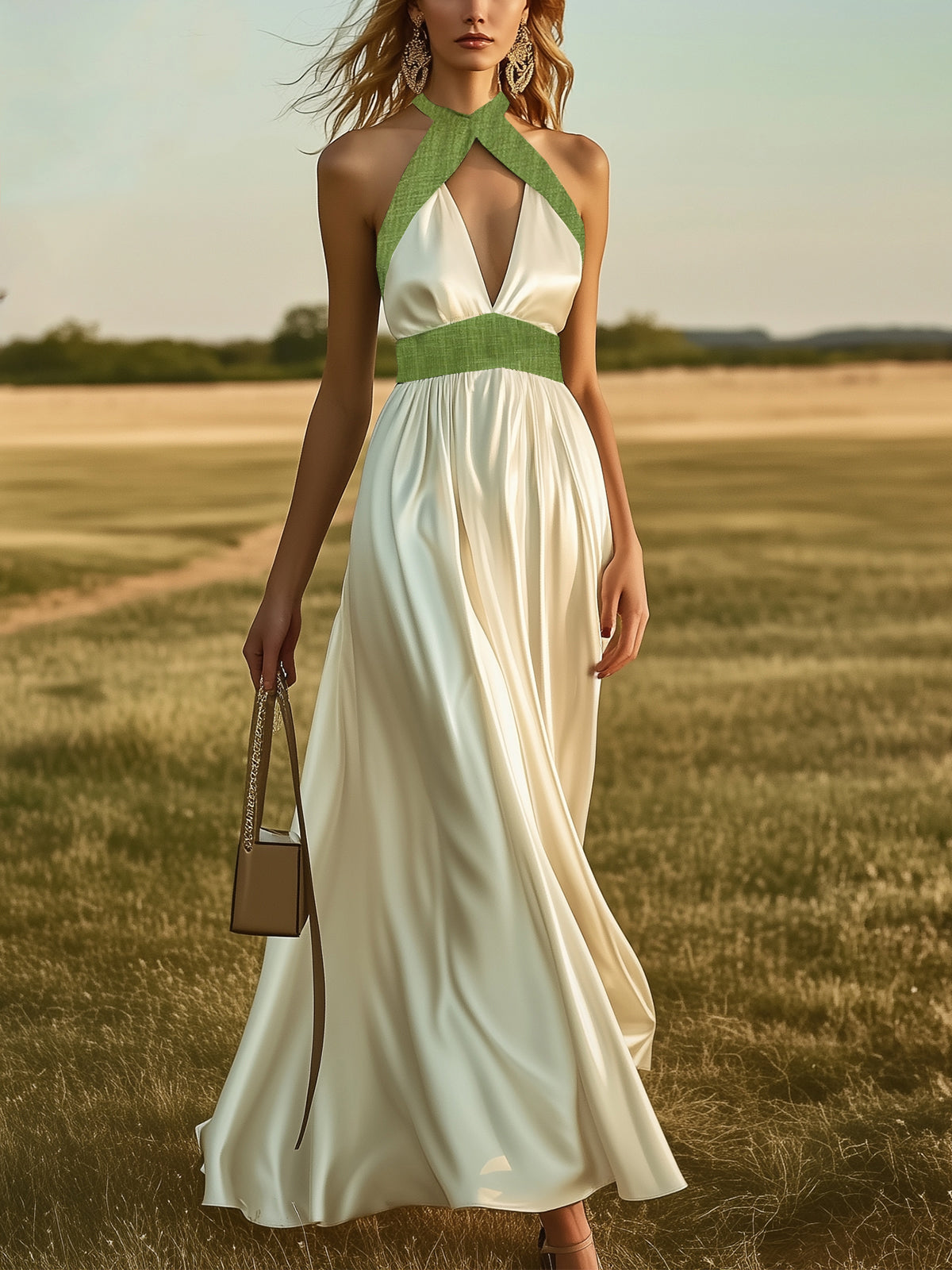 Glossy Halter Neck Satin Maxi Dress
