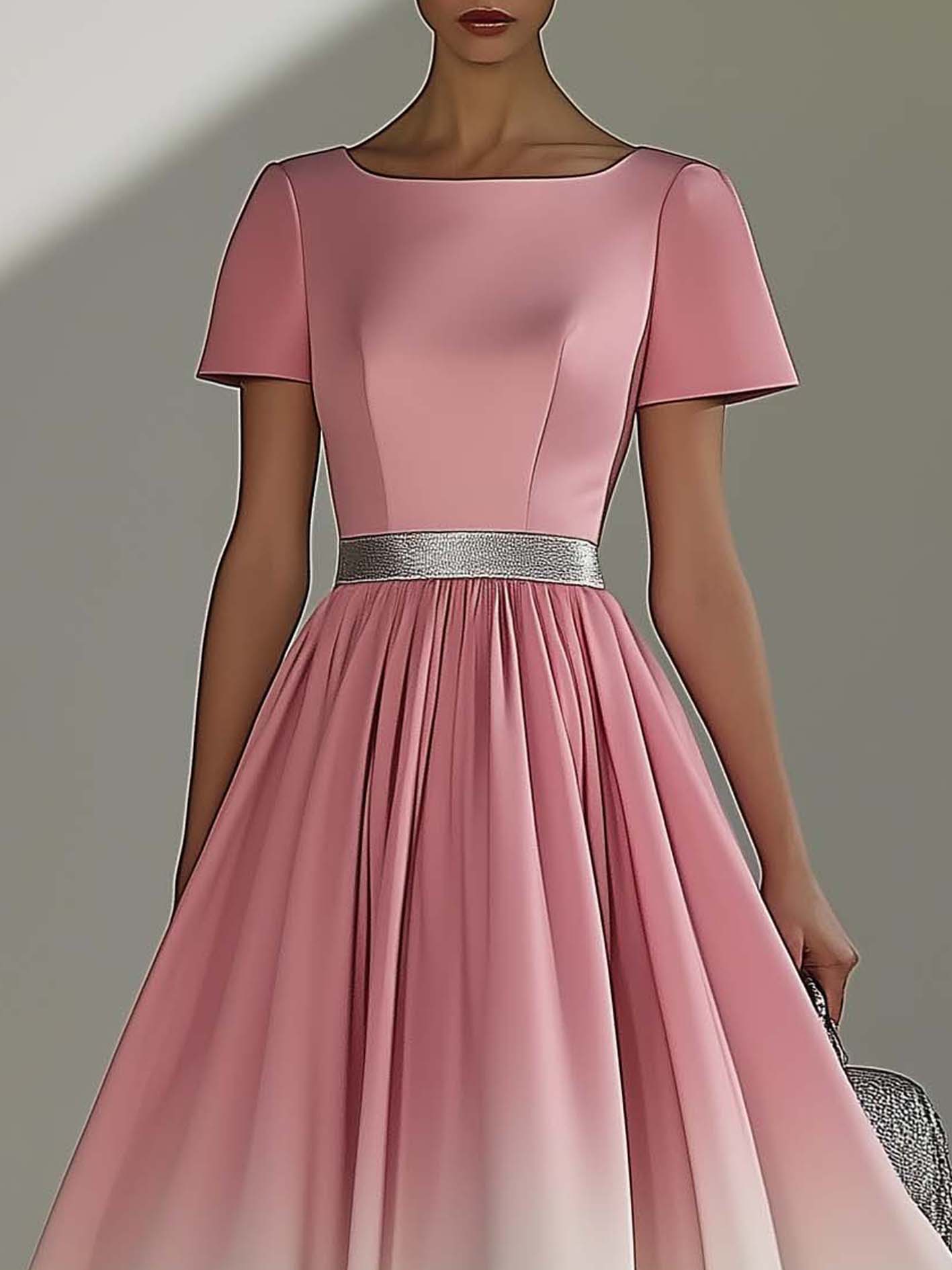 Pink Gradient Print Midi Dress With Silver Belt